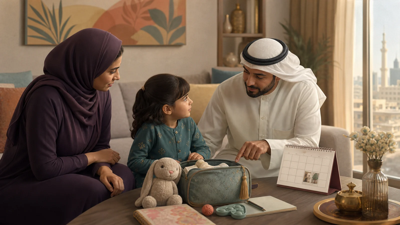 An Arab family calmly preparing their child for an assessment visit