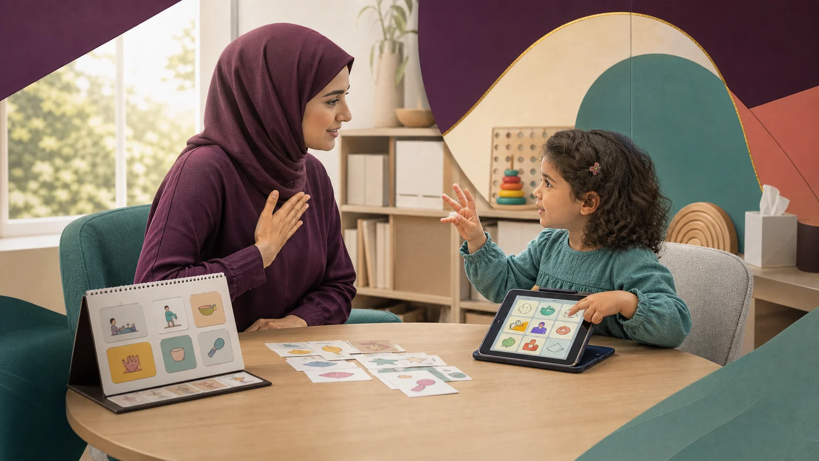 A speech-language therapist and child using speech, gesture, pictures, and AAC