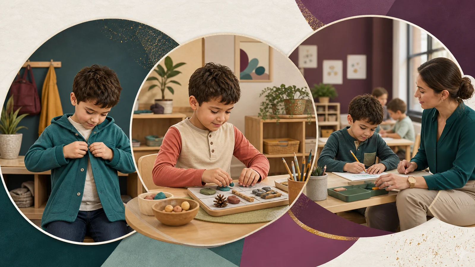 A child participating in self-care, play, and classroom activities with occupational therapy support