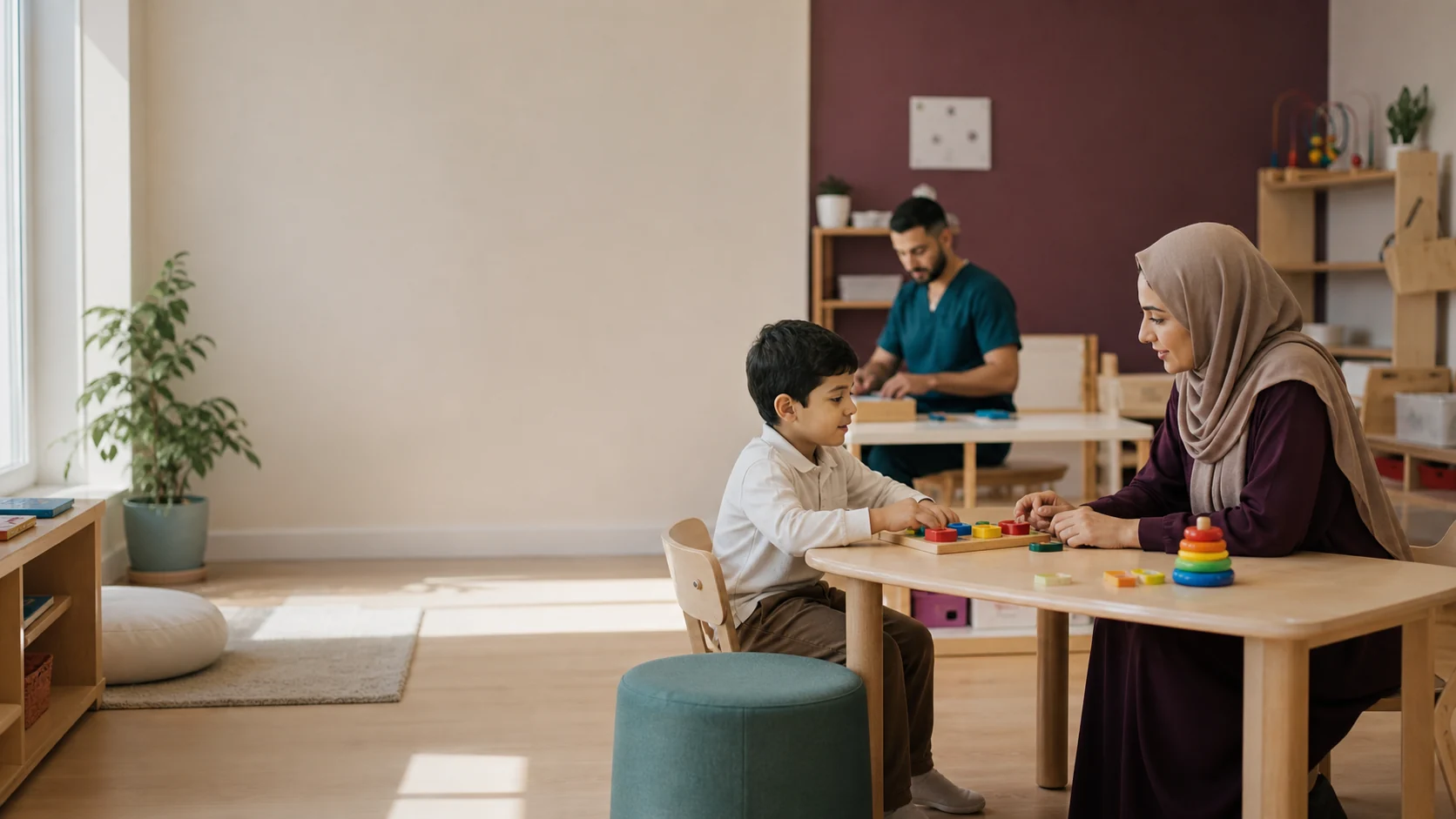A therapist and child engaged in a calm one-to-one learning session