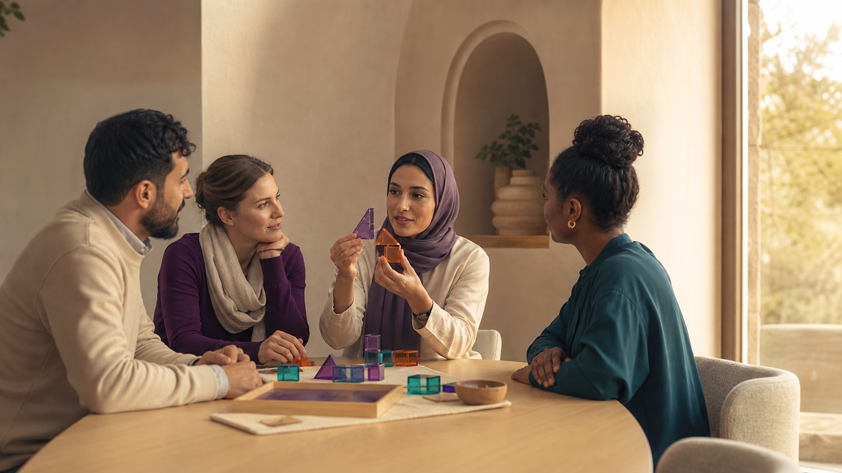 Therapists and educators learning together in a warm training room