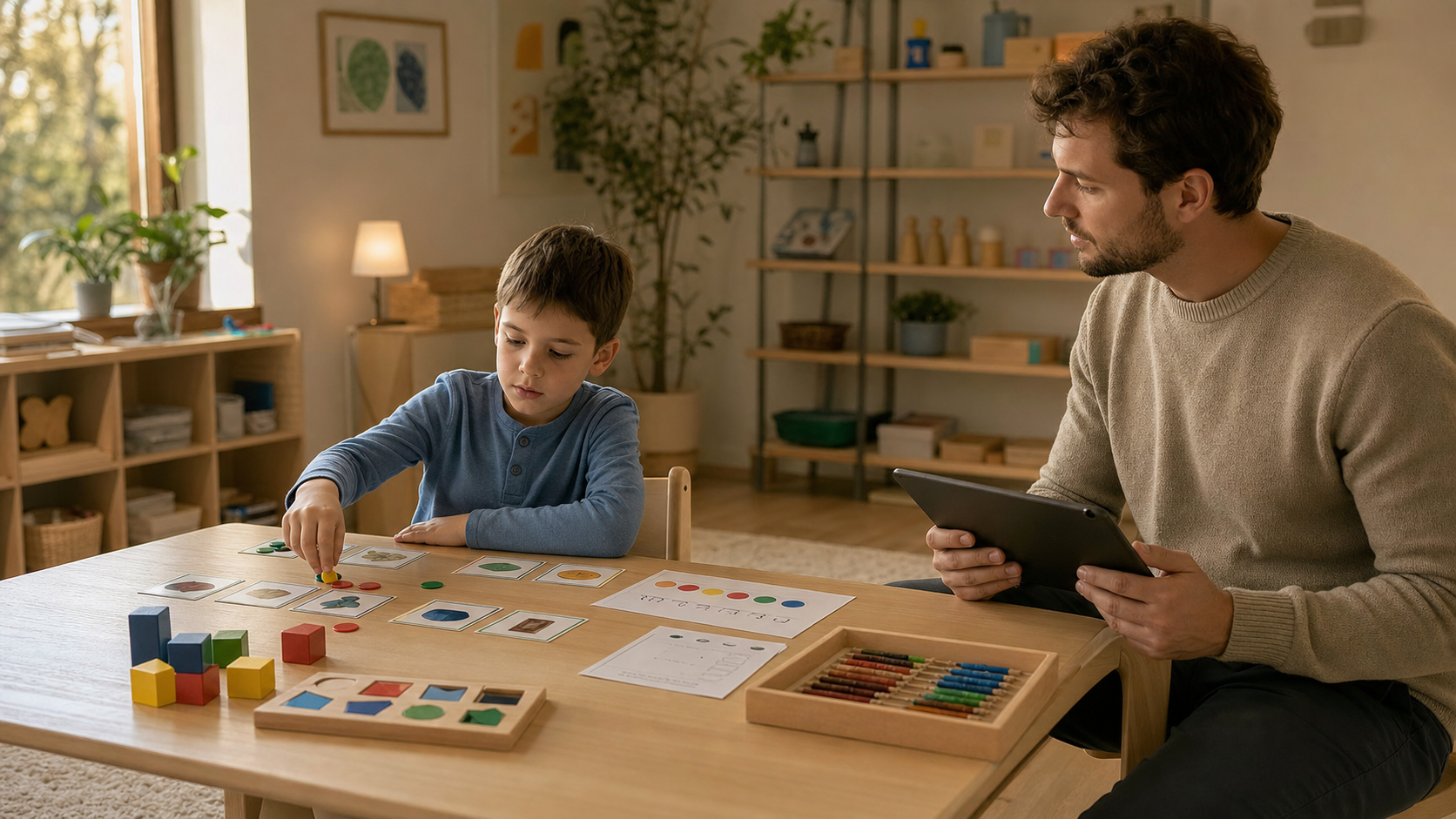 A therapist observing a child completing language and learning tasks