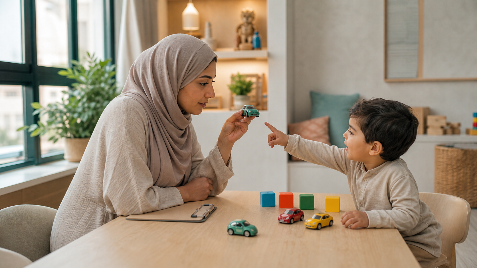 A therapist assessing a child's early language and learning skills