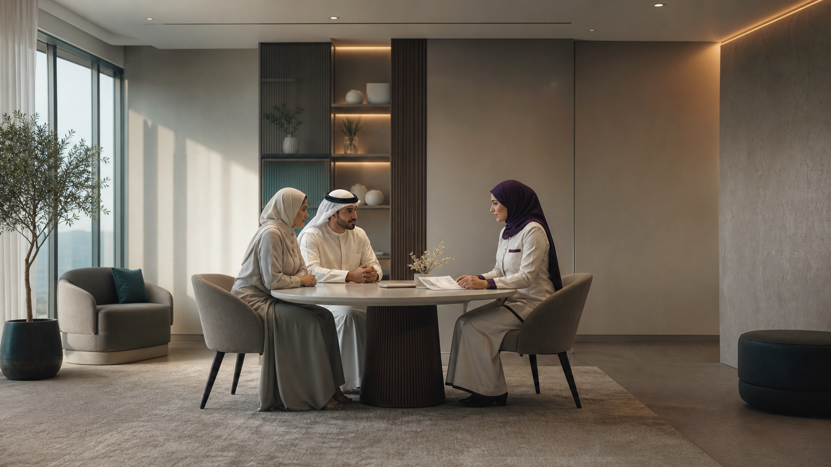 A clinician discussing a knowledge resource with parents in a calm consultation