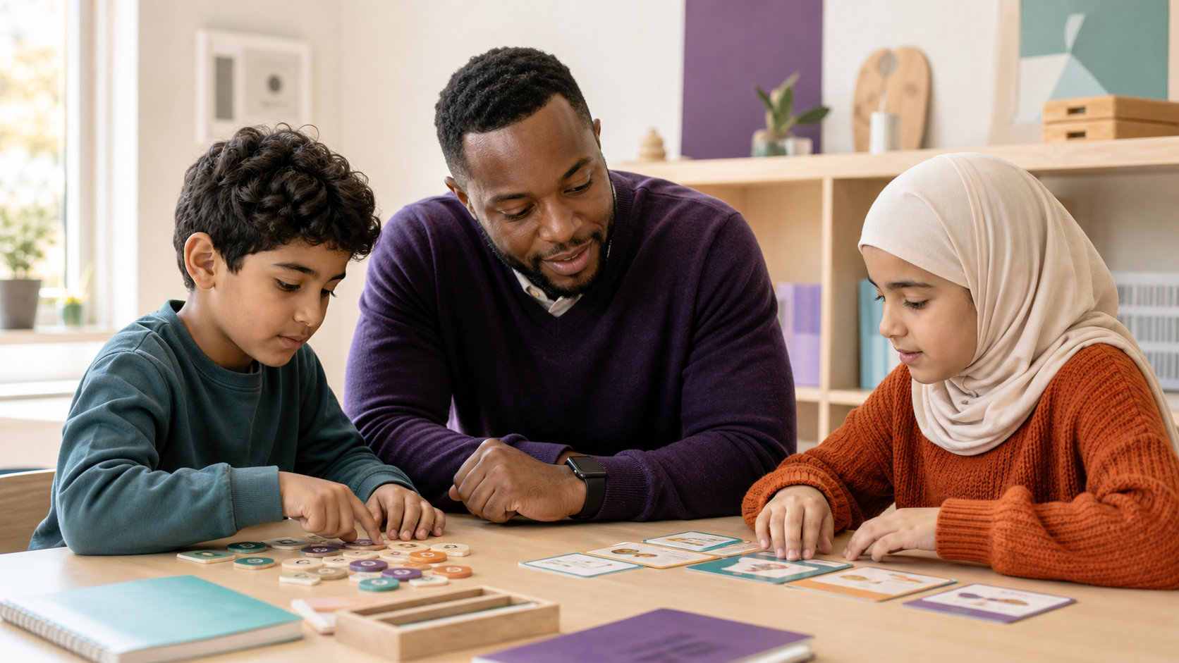 A learning specialist supporting two children in an academic development program
