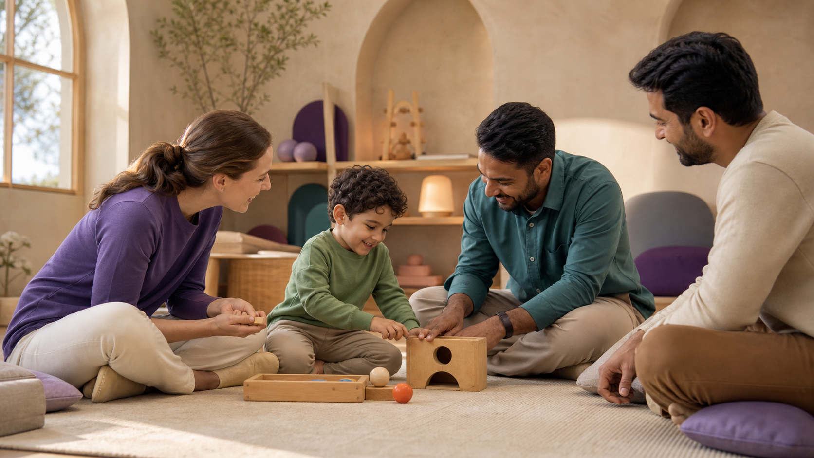 A young child, family member, and therapists working together in early intervention