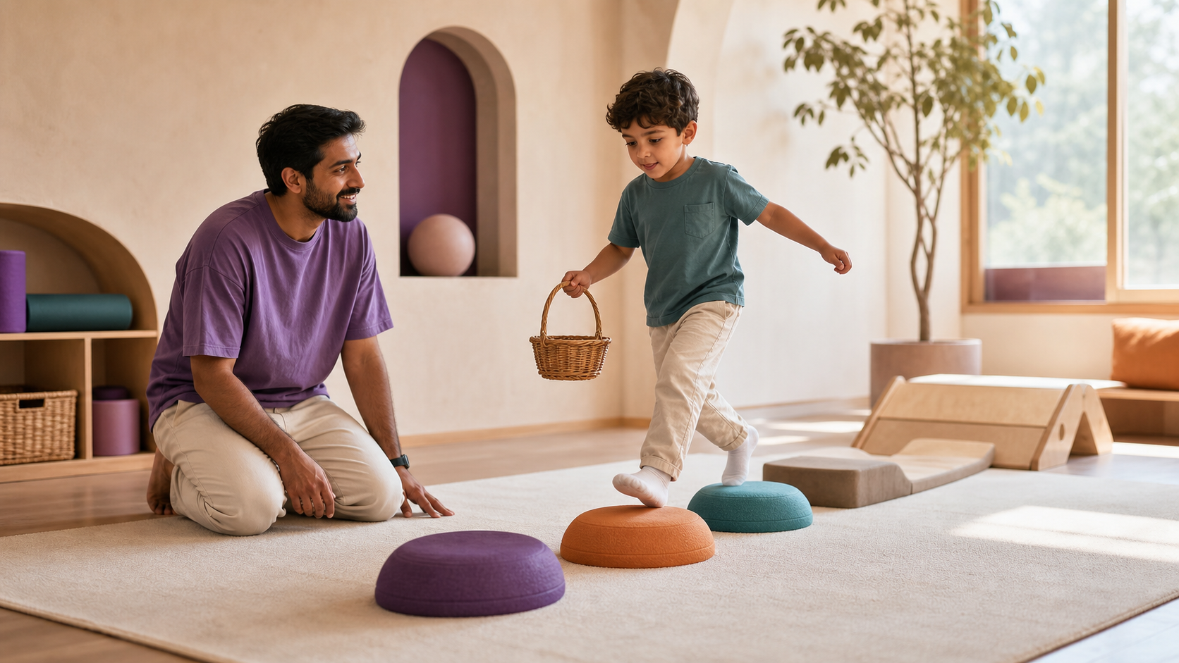 A developmental therapist supporting a child through a movement path