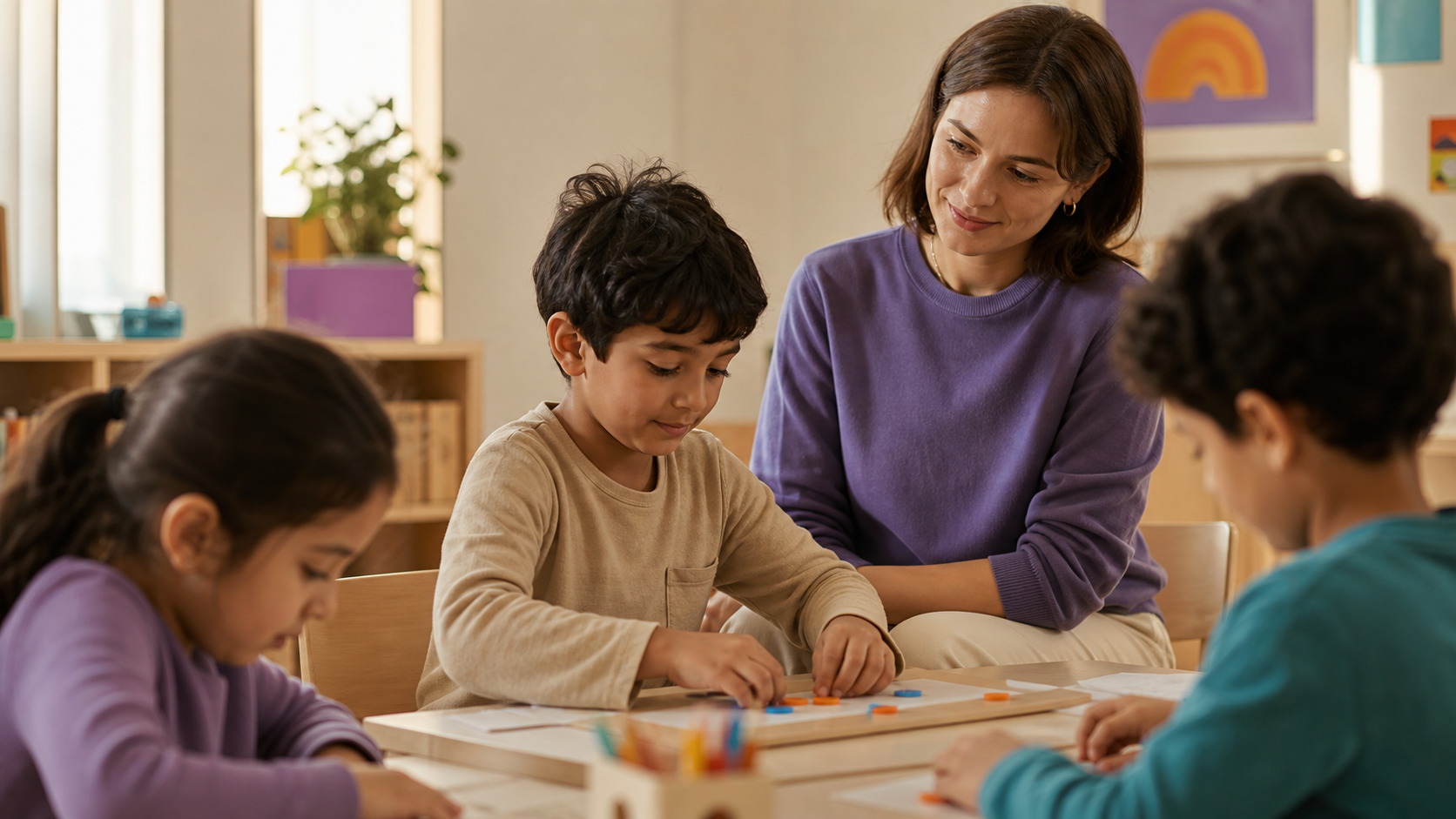 A shadow teacher supporting a child within an inclusive classroom