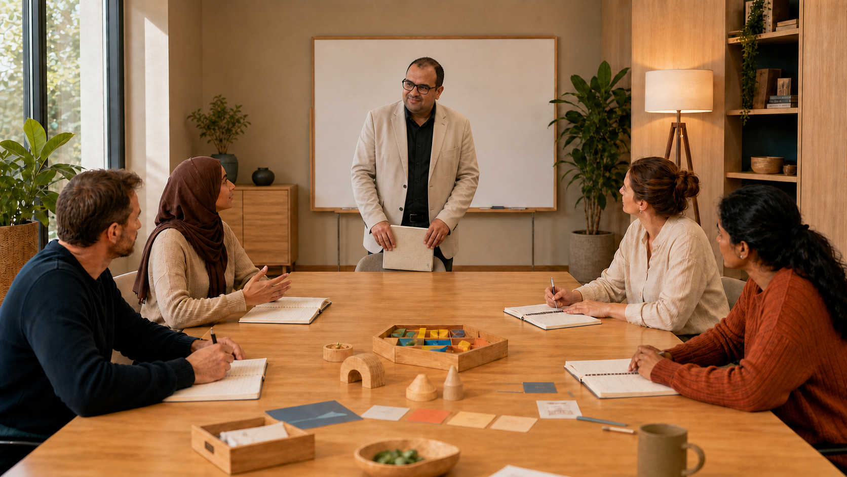 The center owner leading practical learning with a diverse professional team